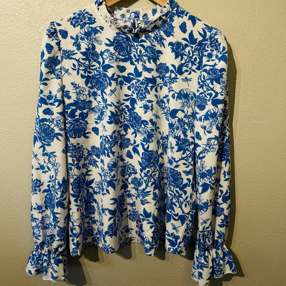 SHEIN Floral Blue White Top Blouse Long Sleeve Mock Neck Women's Size L